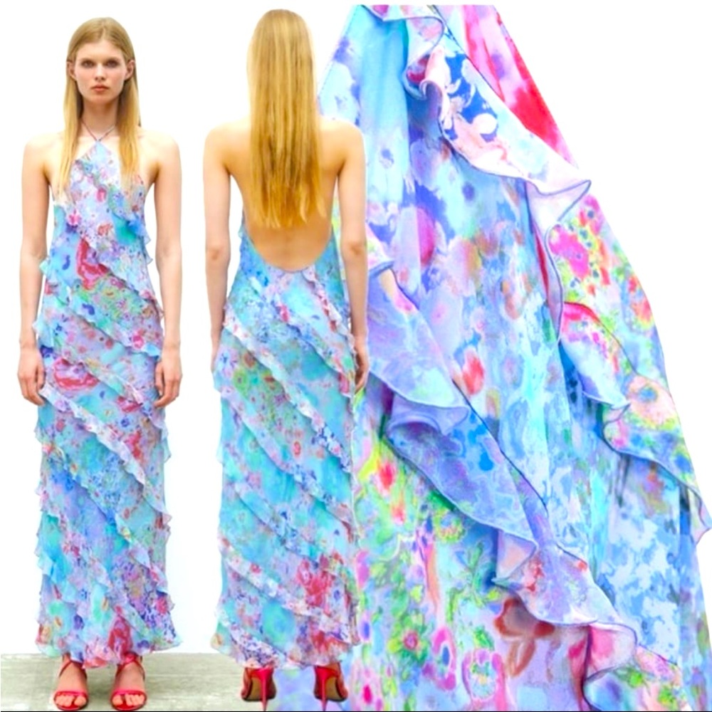 NWT✨ZARA WOMAN LONG HALTER FLARED HEM NECK PRINTED DRESS WITH FRILLS